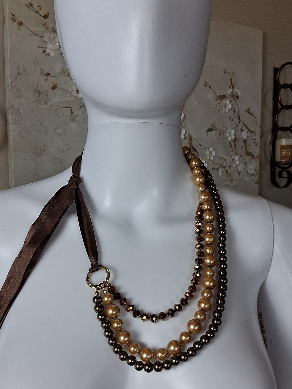 Women's Elegant Brown And Gold Faux Pearl Multi-Strand Statement Necklace - Picture 12 of 14